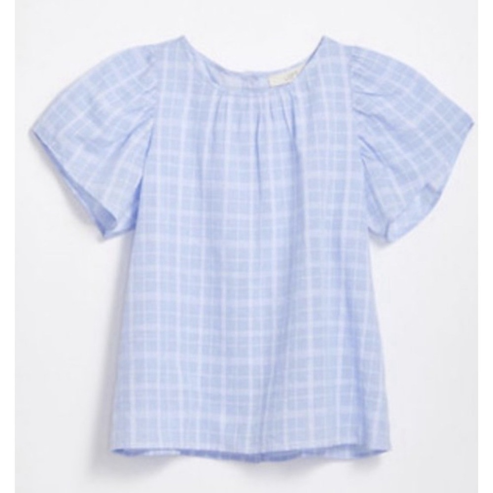 Loft Womens Lg Blue & White ‎ Plaid Button Back Short Flutter Sleeve Blouse